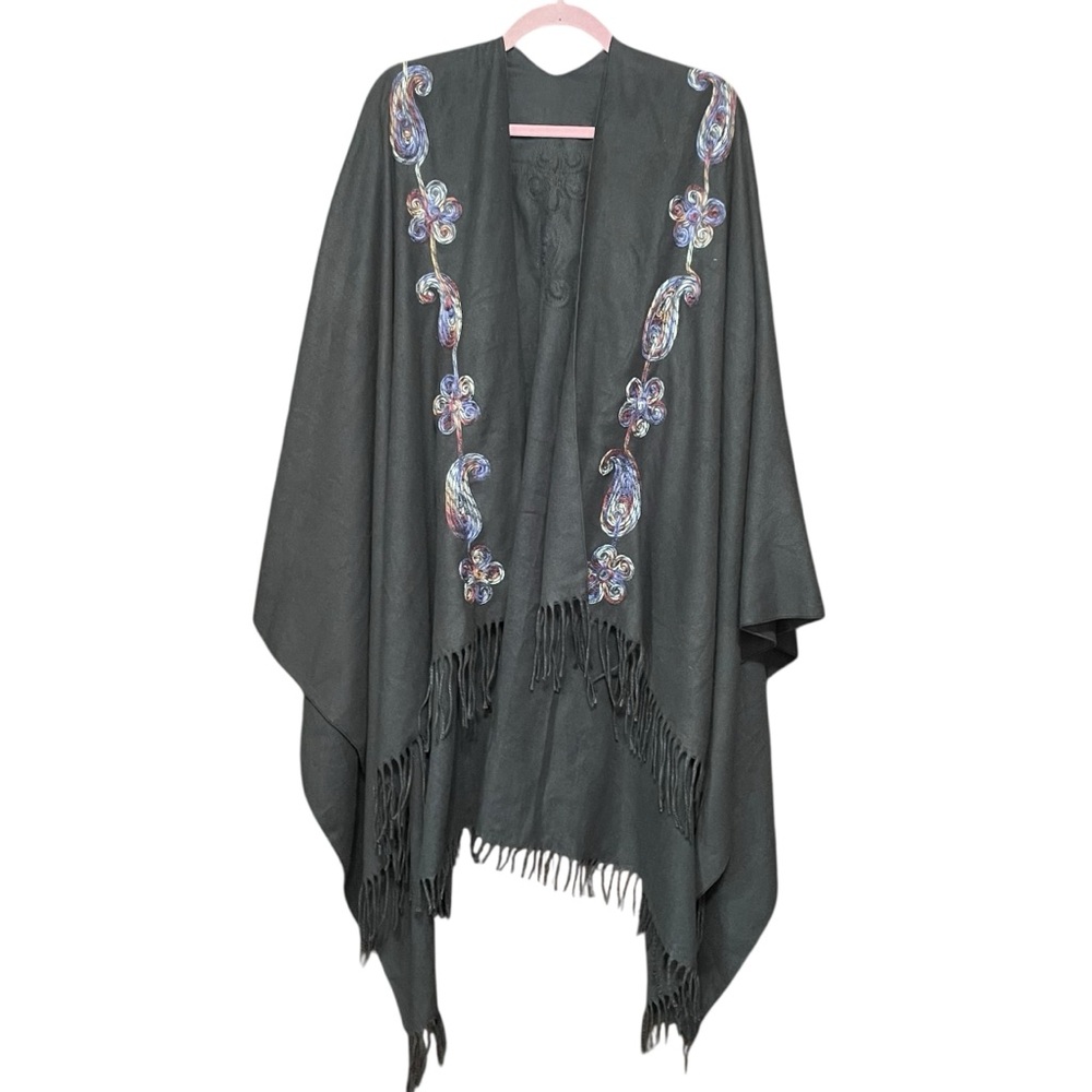 Grey Soft Embroidered Large Shawl Wrap with Fringe Bohemian Cozy Fall‎ Winter